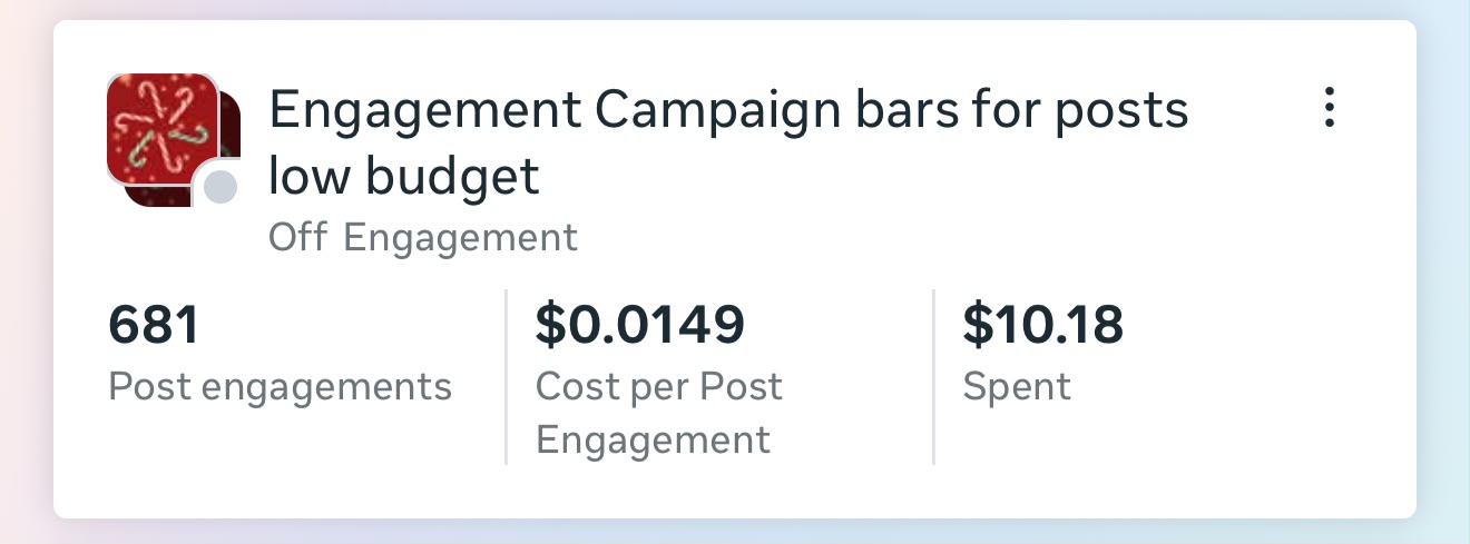 Engagement campaign: 681 post engagements at $0.0149 each, $10.18 spent