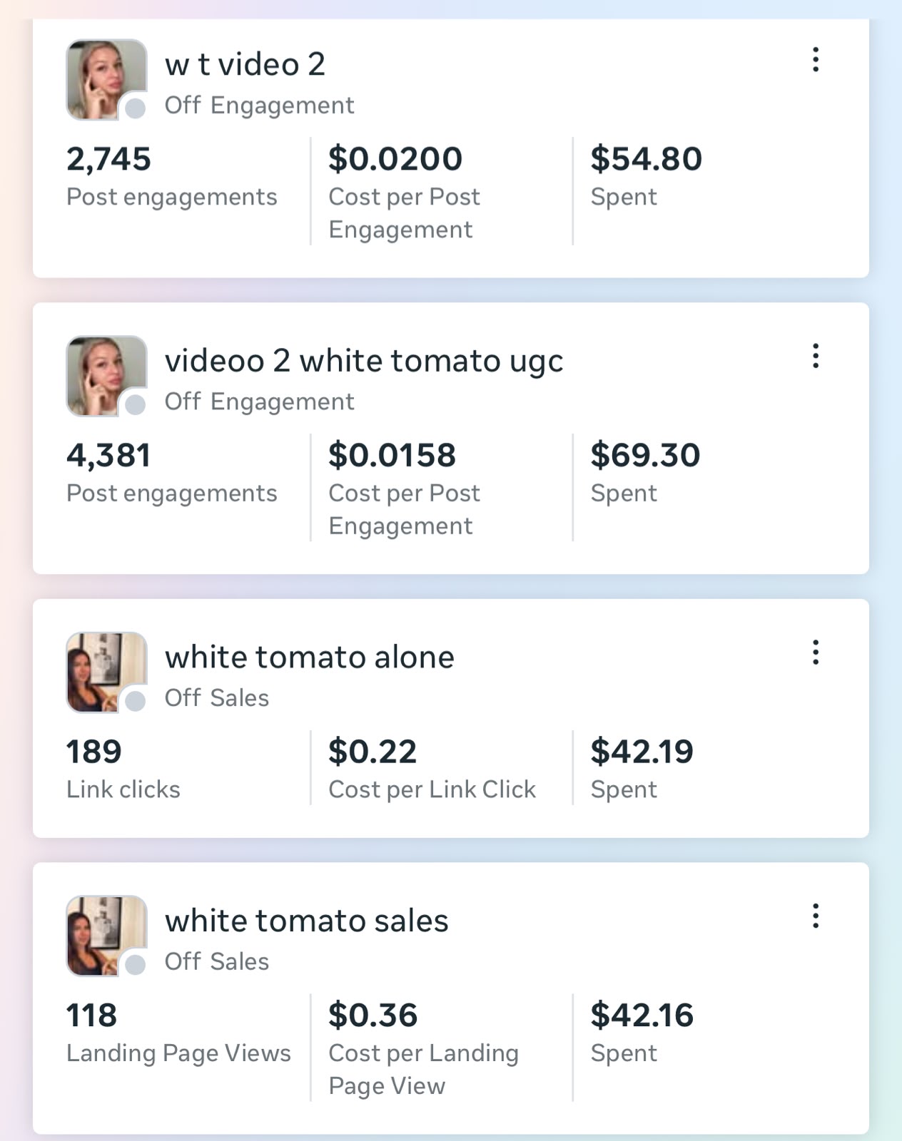 Engagement campaigns with 2,745 and 4,381 post engagements at $0.0200 and $0.0158 each