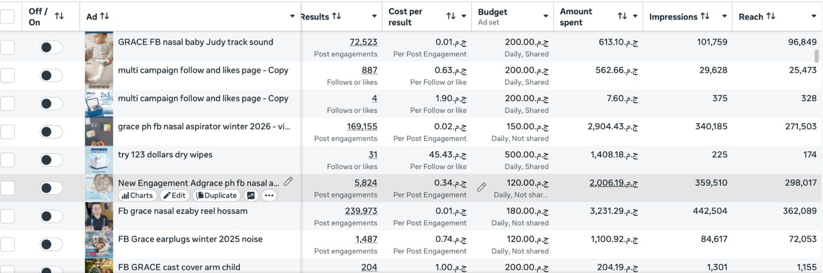 Egypt Meta Ads Manager ad list in EGP: post engagements, follows or likes and cost per result by ad