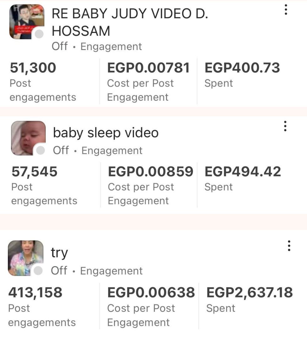Egypt video campaigns with 51,300, 57,545 and 413,158 post engagements