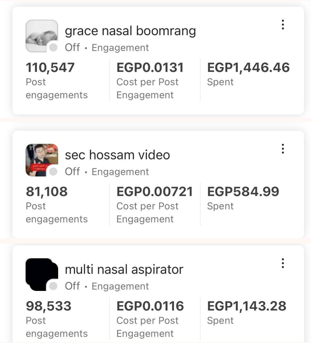 Egypt engagement campaigns with 110,547, 81,108 and 98,533 post engagements, in EGP