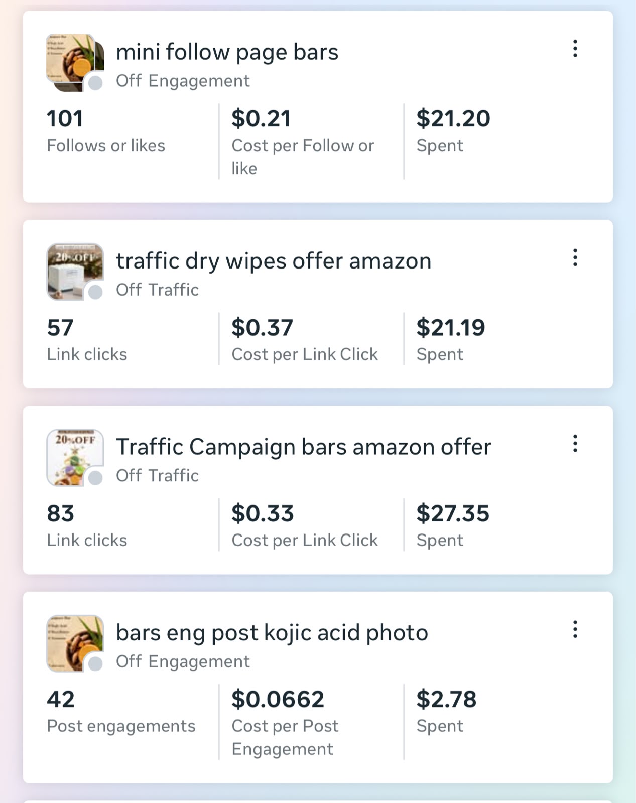 Traffic campaigns with 57 and 83 link clicks at $0.37 and $0.33 per click