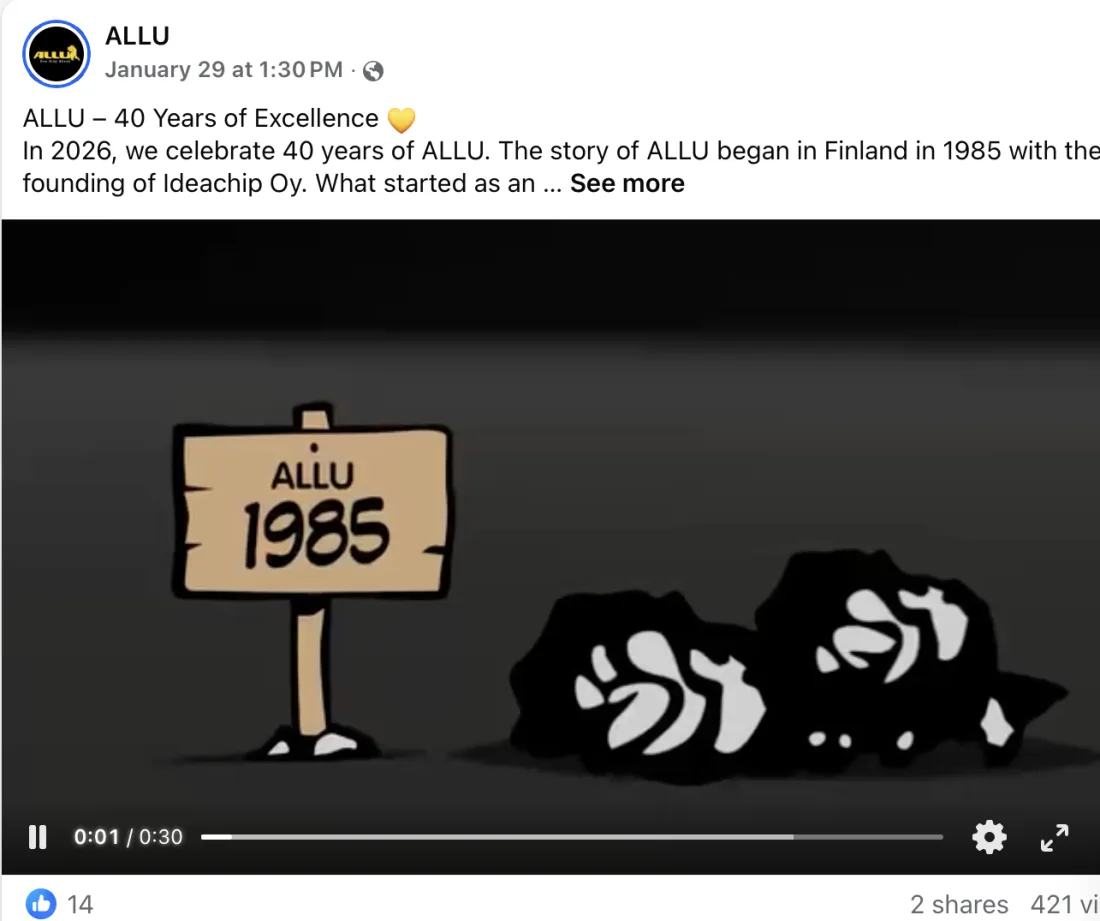 Allu Facebook video post celebrating 40 years of Allu, founded in Finland in 1985