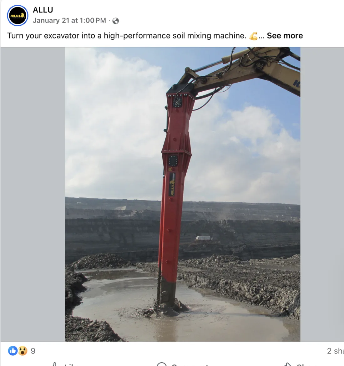 Allu Facebook post: turn your excavator into a high-performance soil mixing machine, with an excavator-mounted attachment